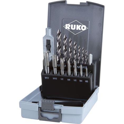 RUKO  Machos  de  roscar  de  entrada  HSS  +  Brocas  espirales  ULTIMATECUT  DIN  338  HSS  con  punta  tipo  FLOWSTEP®  en  caja  de  plástico  ABS  -  15  piezas  -  259004RO (1/2)