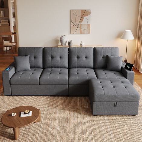Canapé d'angle modulaire avec pouf de rangement, LED, USB et Type-C, gris OKMYHOME (1/5)