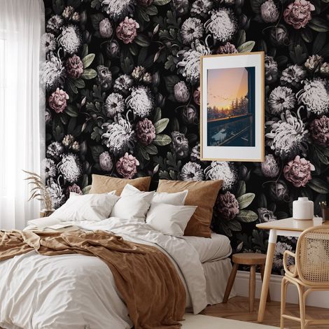 Florale Tapete für Schlafzimmer im Shabby-Chic, Dunkles Blumenmuster