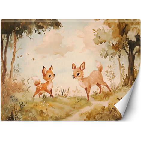 Tapete für Kinderzimmer Rehwild Tiere im Wald Beige 150x105 cm