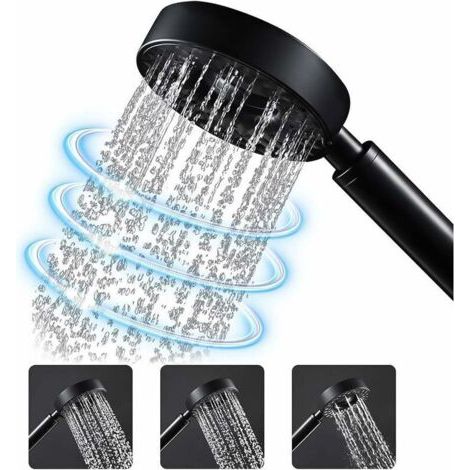 NALOOKAMIC Douche haute pression, ceinture de douche à main ronde en ABS, flexible de douche en acier inoxydable 1.5M, douchette à main 3 fonctions avec support, noir