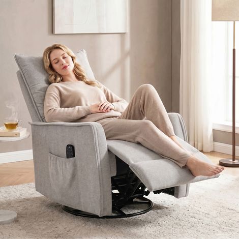 Fauteuil Massant Inclinable Chauffant Pivotant en Chenille, avec Repose-pieds et Télécommande, Teinte Gris Clair (1/5)