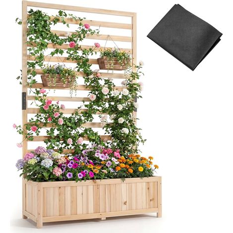 COSTWAY Letto da Giardino Rialzato in Legno con Traliccio Verticale, Fodera e Drenaggio, Fioriera Elevata per Piante Rampicanti, Fiorie e Ortaggi, Kit per Giardinaggio Interno ed Esterno (Naturale)