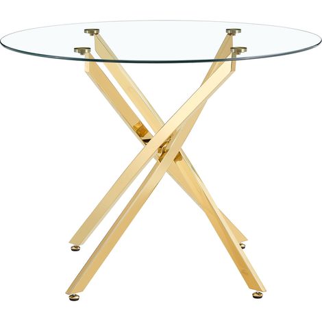 Table à manger ronde en verre trempé 88 cm avec structure métallique dorée (1/5)