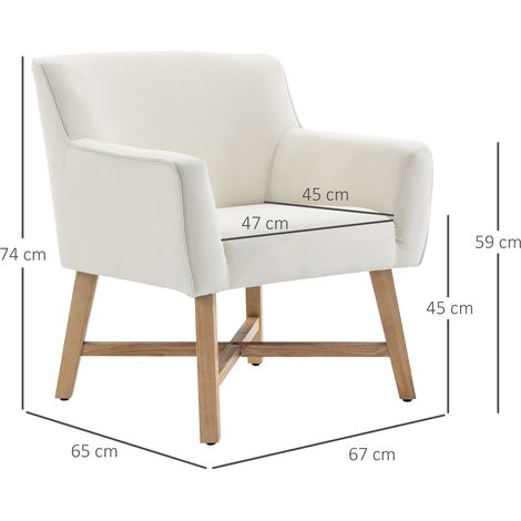 Butaca de Salón Tapizada en Terciopelo con Reposabrazos Acolchados y Patas de Madera Cruzadas 67x65x74 cm Blanco Crema (1/5)
