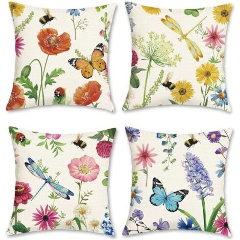 Housse de Coussin Fleurs Jardin Floral 45 x 45 cm Polyester Lin Été Printemps Décoratif Taie d'oreiller pour Canapé Salon Chambre Chaise Maison Décoration 4 Pièces (1/4)