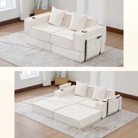 Canapé-lit moderne deux places avec un confortable canapé en tissu et deux coussins. Un pouf décoratif élégant avec rangement latéral et porte-gobelets, idéal pour les coins lecture, les salles de jeu (1/5)