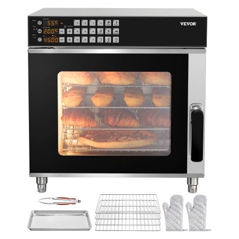 Four à convection commercial, four de comptoir en acier inoxydable, 58 L, four grille-pain à 4 niveaux de 2800 W avec porte en verre trempé, grilles métalliques, gants et pince, pour restaurant