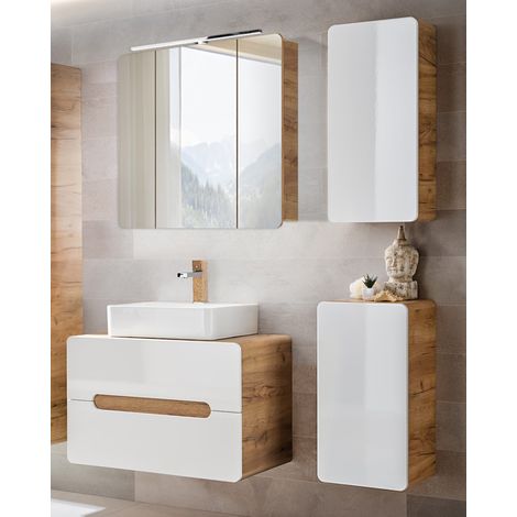 Badezimmer Möbelset mit Keramik Waschtisch LUTON-56 in Hochglanz weiß mit Wotan Eiche Nb., B/H/T ca. 130/200/46 cm (1/5)