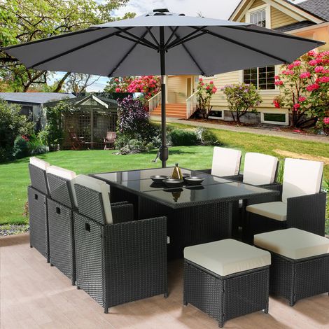 2.7M Solar LED Outdoor Parasol Garden Patio Tilt Crank Sun Shade Round Umbrella Grey (1/5)