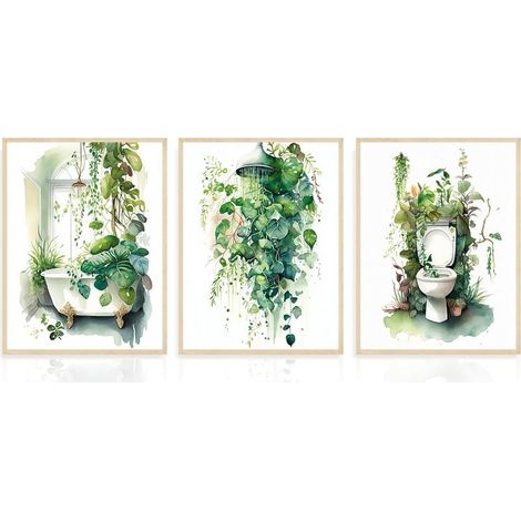Ensemble de 3 Posters Décoratifs pour Salle de Bain à Motif de Feuilles Tropicales Vert Sauge, Imprimés pour la Décoration de Salle de Bain ou Buanderie 30x40 cm Sans Cadre (1/5)