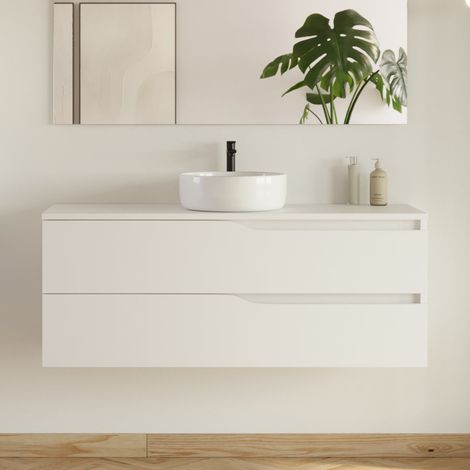 Meuble de salle de bain 120 avec plateau et vasque à poser - sans miroir - 2 tiroirs - blanc - LUNA (1/5)