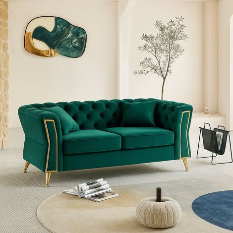 Dmora - Divano fisso 2 posti Acre, Sofà dritto, Divanetto per salotto, Poltrona matrimoniale, 162x83 h76 cm, Verde e Oro (1/5)