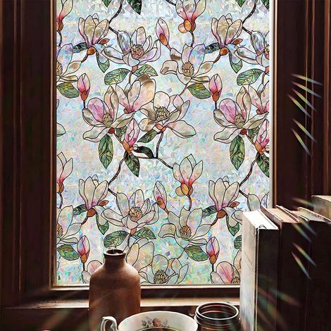 Film occultant vitrail fleur magnolia rose 44,5x200cm effet arc-en-ciel électrostatique,protection intimité anti-UV décoration fenêtre chambre cuisine (1/5)