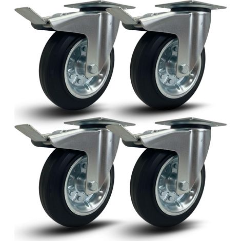 SET 4 RUOTE GIREVOLI CON FRENO 200mm ROTELLE SILENZIOSE PIROETTANTI IN GOMMA, PER CARRELLO CARICHI PESANTI MOBILI,ELETTRODOMESTICI, BANCHI DA LAVORO