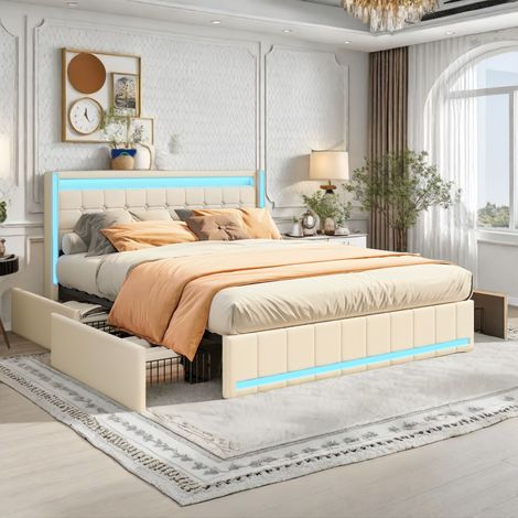 Tanant – Lit double avec tiroirs 140x190cm – Tissu lin doux – 4 tiroirs de rangement – Éclairage LED – Sommier à lattes en bois – Style scandinave – Beige (1/5)