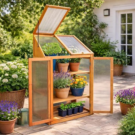 Wooden Cold Frame Greenhouse 120cm 3 Tier with Shelves Polycarbonate Panels Garden Cold Frame with Opening Lid & Doors