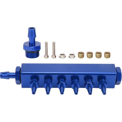 Kit collecteur d'admission à 6 ports avec bloc de dépression, connecteurs NPT 1/8" et 1/2", entrée/sortie NPT, universel pour voitures, camions et turbos (bleu). (1/5)