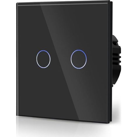 Interrupteur Tactile Normal Commutateur d'éclairage Mural Compatible avec la lumière LED Écran Tactile en Verre 110V-240V Plaque de Cristal Trempé avec Rétroéclairage Bouton 2 Gang 2 Voie Noir (1/5)