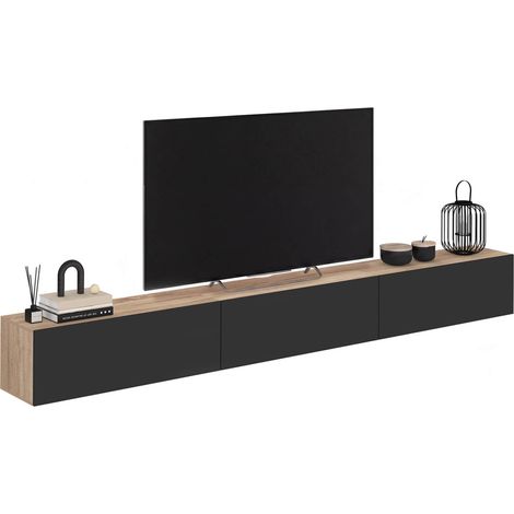 Meuble TV 270 cm suspendu ELIO 3 portes bois et noir (1/5)