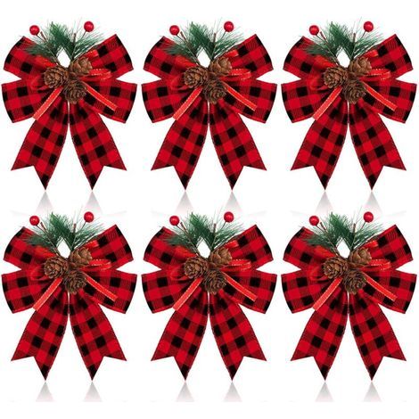 Set di 6 fiocchi natalizi, fiocchi a quadri con nastro e pigne, decorazioni per l'albero di Natale. (1/5)