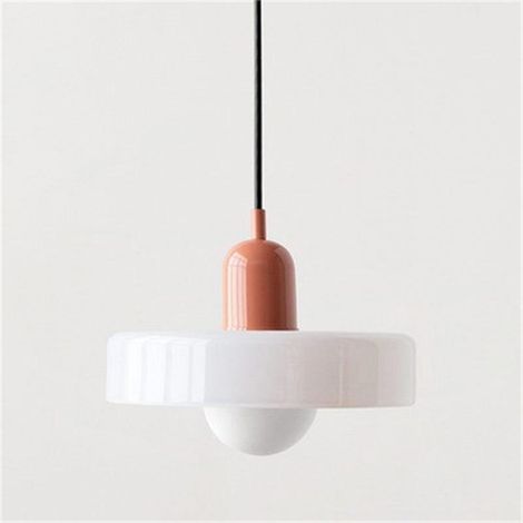 Un lustre de style Bauhaus au design médiéval et à l'abat-jour en vitrail, idéal pour la chambre 25 cm en verre blanc avec une base rose. (1/5)