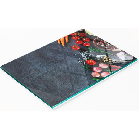 Tabla de cortar decorativa de cristal para cocina con ingredientes gr谩ficos, 80x52 cm.