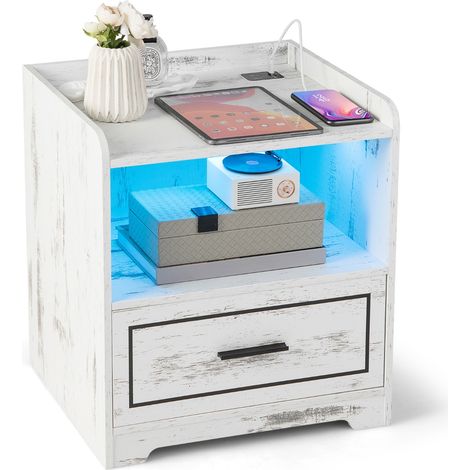 Comodino a LED con 2 porte USB ripiano aperto e cassetto Tavolino vintage Bianco (1/3)