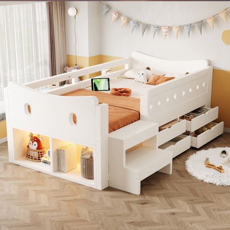 Lit enfant en bois 90x200 cm avec 4 tiroirs, rangements, escalier, garde-corps, LED, USB et USB-C, pin, MDF et contreplaqué, blanc