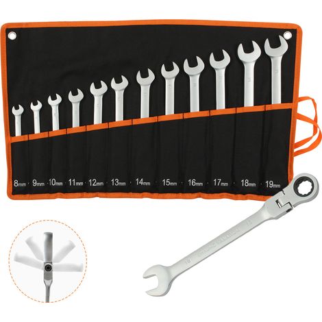 Todeco – Jeu de clés mixtes à cliquet 12 pièces – Tête flexible 180° – 72 dents pour accès étroit – Sac de rangement en tissu Oxford 600D (1/5)