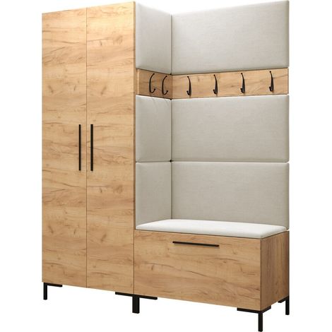 Meuble d'entrée Nomal I, Craft chêne, 196x158x44cm, Stratifié, Tissu, Murale, À poser