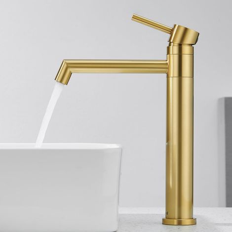 Rubinetto miscelatore per lavabo High Gold, rubinetto per bagno girevole a 360°, rubinetto miscelatore per lavabo da appoggio, rubinetto per lavello in acciaio inox con beccuccio alto 204 mm, finitura (1/5)