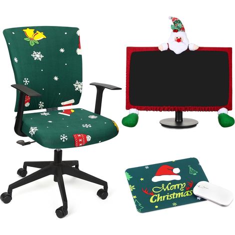 Ensemble de housses de chaise de bureau de Noël avec housse de moniteur d'ordinateur et tapis de souris, housses de siège de chaise de bureau extensibles, housses de fauteuil protectrices (Arbre, Vert (1/4)