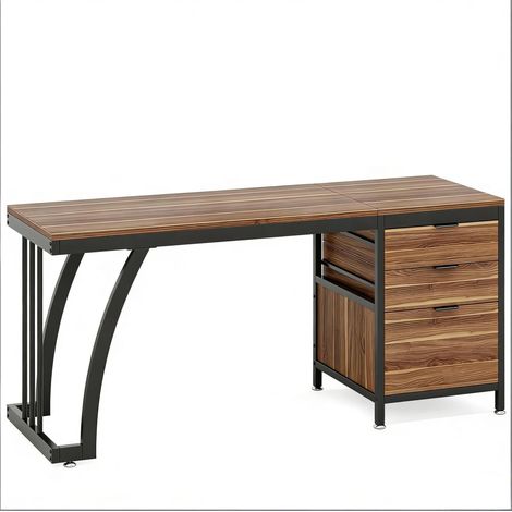 Bureau de travail avec plateau bois brun et structure métal noire, 150x50x75 cm, 3 tiroirs (1/5)
