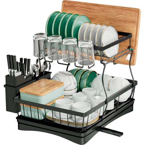 Egouttoir Vaisselle, Egoutoire Vaisselle Cuisine Double, sur Evier, Noir, INOX, Égouttoir Couvert, Dish Rack, Drying Rack, Buse Rotative 360° (2 Niveaux) (1/5)