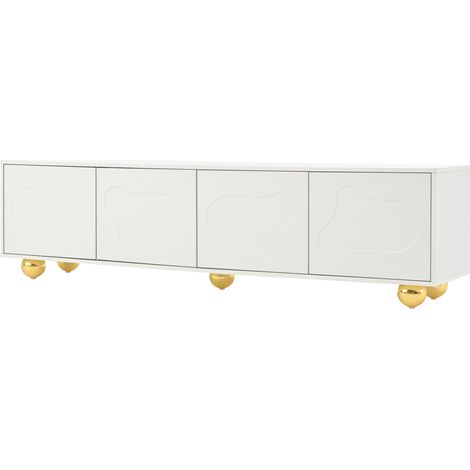 Weißes TV-Lowboard 180x40x45 cm mit 4 Wolkentüren und 5 Füßen, für TVs bis 75 Zoll (1/5)