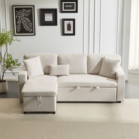 Ecksofa mit Schlaffunktion aus Flanell Beige 214x131 cm, flexibel mit USB und Stauraum (1/5)