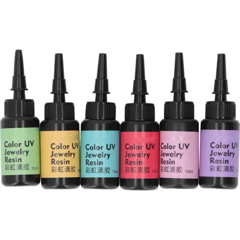 Set mit 6 x 10 ml UV-Harzen: einfache Anwendung, schnelle Aushärtung, leuchtende und kräftige Farben. UV-Epoxidharz, weit verbreitet in der Schmuckherstellung (Set A: Chartreuse, Hellblau, Helllila, K (1/5)