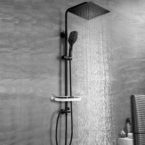 Görbach – Colonne de douche sans robinetterie noir mat – Tablette intégrée – Douchette 3 jets – Idéale pour rénovation – Tête de pluie carrée de 20x20 cm