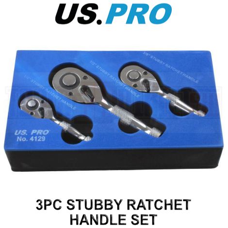 US PRO STUBBY RATCHET SET 3PC REVERSIBLE QUICK RELEASE 1/4"" 1/2"" 3/8"" 4129 (1/4)