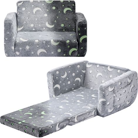 VEVOR Canape pour Enfants Convertible, Fauteuil Chaise Longue 2-en-1, Sofa Tout-petits Pliable et Moelleux, Phosphorescent, avec Accoudoirs, en Eponge 28D et Peluche, pour Salle de Jeux, Gris (1/5)