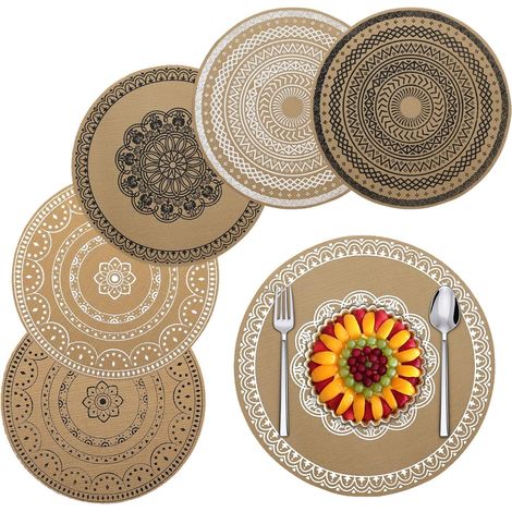 Tischset Boho 6er Set – Runde Platzsets Ø38cm aus Leinenoptik – Abwaschbare & Strapazierfähige Tischsets mit Verschiedenen Mustern für Esstisch Deko