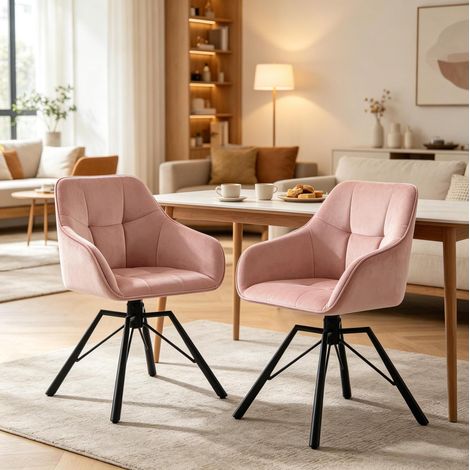 Sedie da sala da pranzo girevoli set da 2, con braccioli, velluto rosa e metallo HAVRYA (1/5)