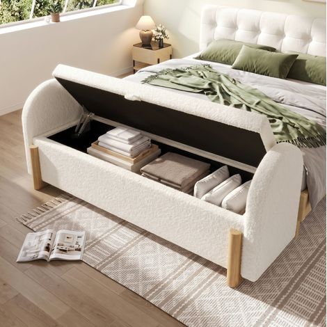 Banc de lit coffre 106x47x61 cm, assise bouclée blanche, ouverture hydraulique, pieds en bois (1/5)