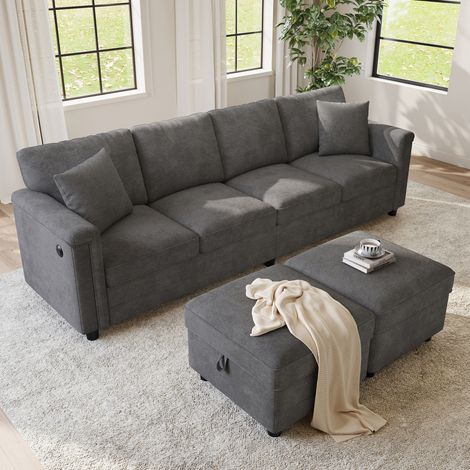 Divano Modulare 6 Posti a L o U, 2 Pouf Contenitore, Porte di Ricarica, Ciniglia Grigia, 261 x 134 x 82 cm (1/5)