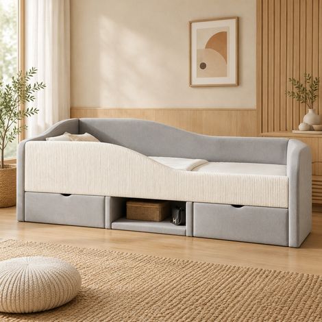 Cama infantil 90x190 cm de tela de felpa gris con almacenamiento, FloraGrace (1/5)