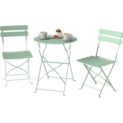 Gartentisch (grün) und 2 Klappstühle, 3-teiliges Bistro-Set mit rostbeständigen Latten