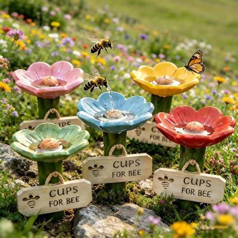 Lot de 5 Abreuvoir, Céramique, Forme fleur, Surface texturée, Jardin extérieur (1/5)