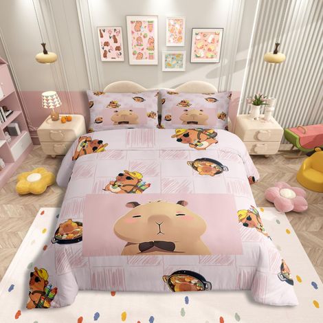 Parure de lit Motif Capybara amusant Housse de couette 135 x 200 cm Pour enfants garçons et filles Motif buffalo Impression animal mignon Réversible Rose (1/5)