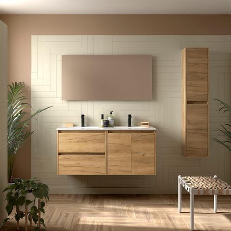 Meubles de salle de bain NOJA 1200 2 portes et 2 tiroirs CHÊNE D'AFRIQUE + meuble-lavabo + miroir (1/2)